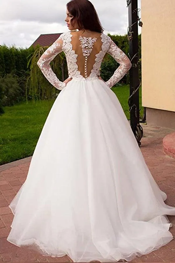 Princess A-Line V-Neck Tulle Ivory Long Sleeves Wedding Dresses  WD181