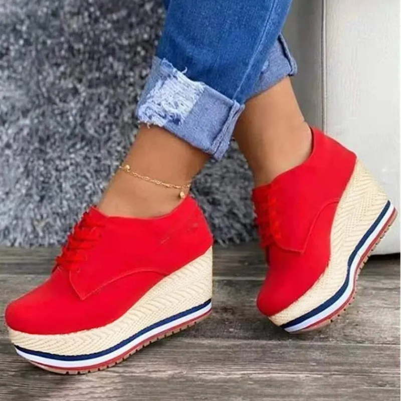 Purpdrank - New Fashion Vulcanize Shoes Women Sneakers Ladies Solid Color Wedge Thick Shoes Round Toe Lace-Up Comfortable Platform Sneakers