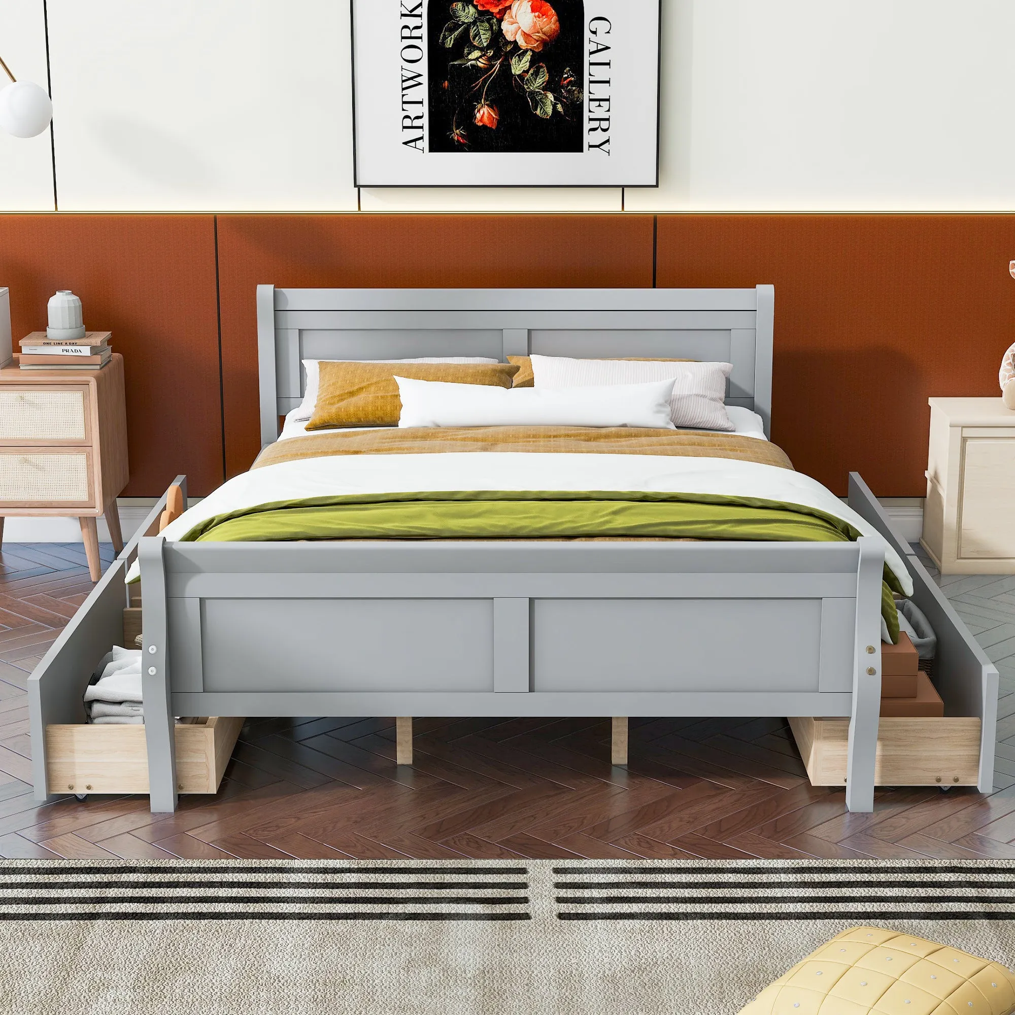 Queen Size Wood Platform Bed with 4 Drawers and Streamlined Headboard & Footboard, Gray