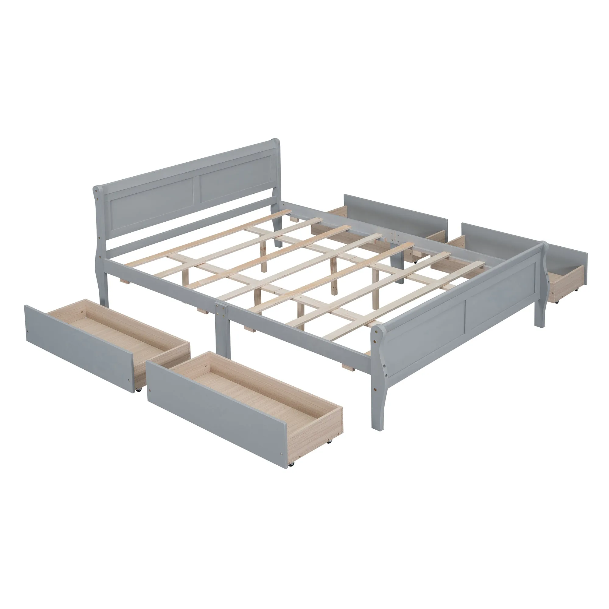 Queen Size Wood Platform Bed with 4 Drawers and Streamlined Headboard & Footboard, Gray