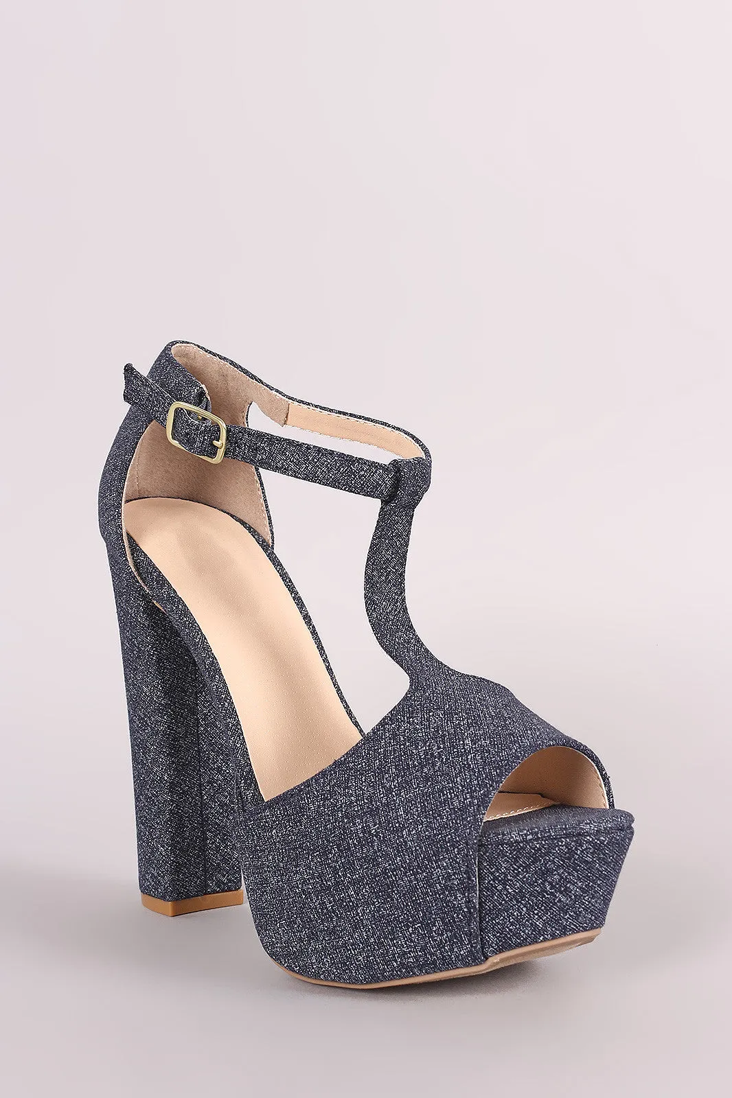 Qupid Denim T-Strap Chunky Platform Heel