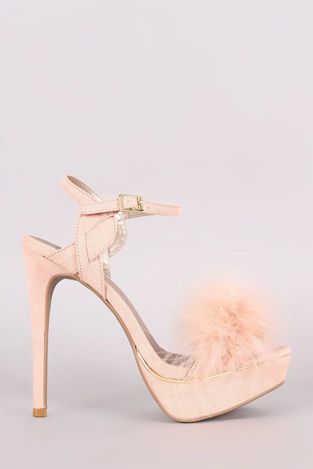 Qupid Faux Feather Band Ankle Strap Suede Stiletto Platform Heel