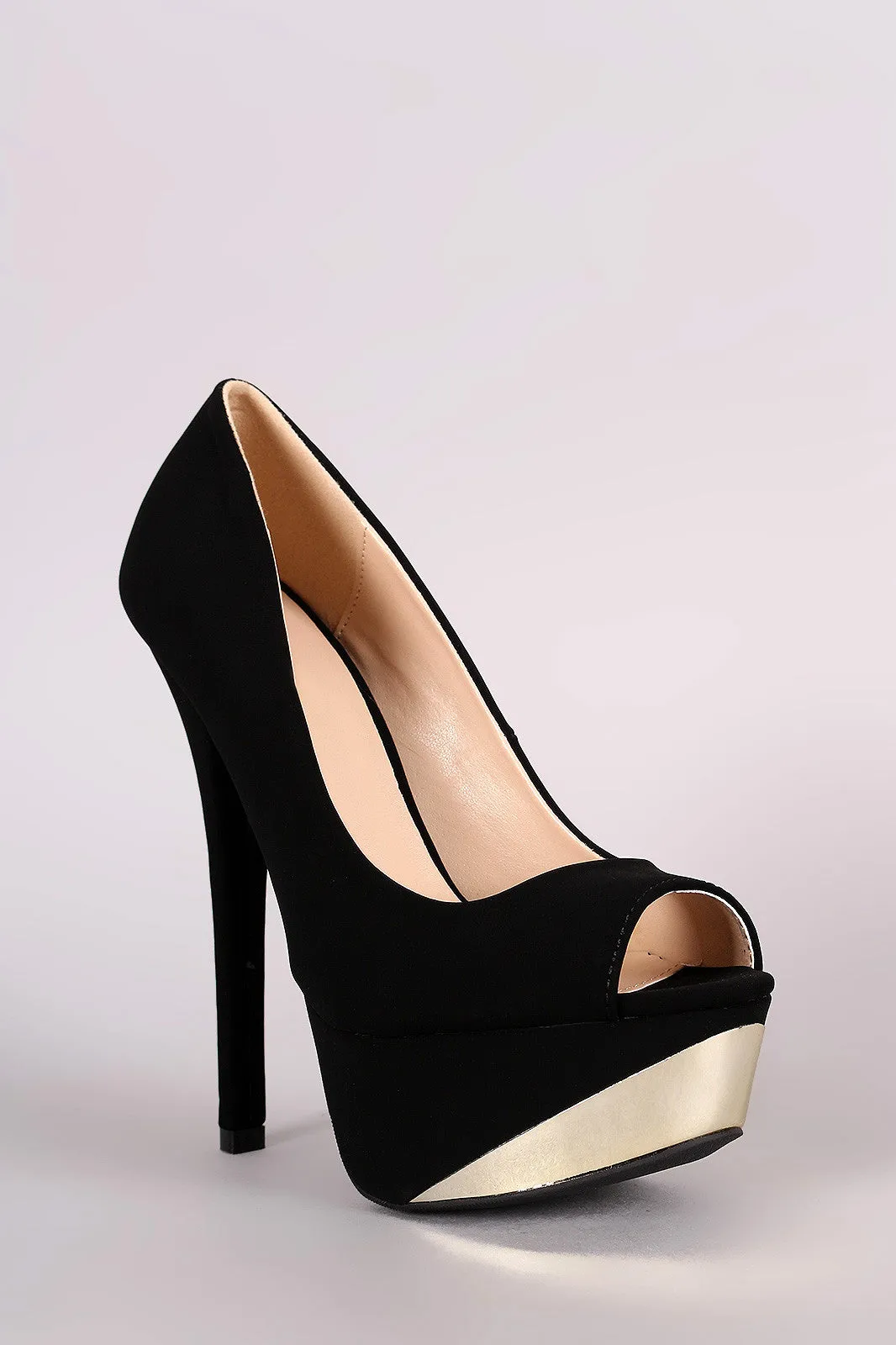 Qupid Metallic Accent Peep Toe Platform Stiletto Heel