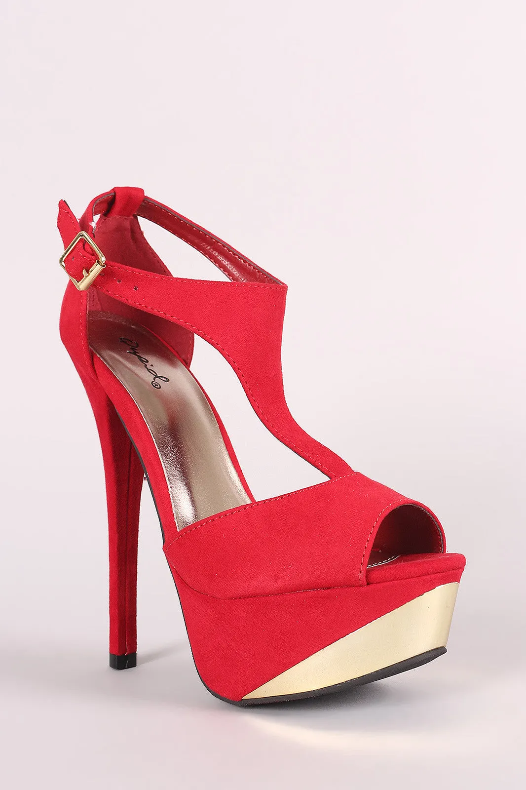 Qupid Suede Peep Toe T-Strap Stiletto Platform Heel