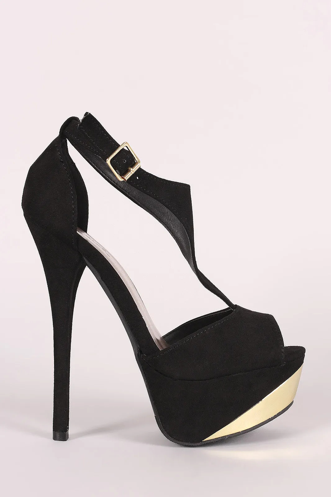 Qupid Suede Peep Toe T-Strap Stiletto Platform Heel