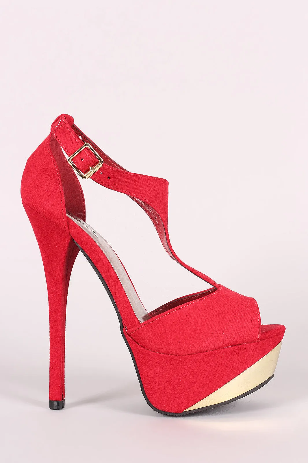 Qupid Suede Peep Toe T-Strap Stiletto Platform Heel