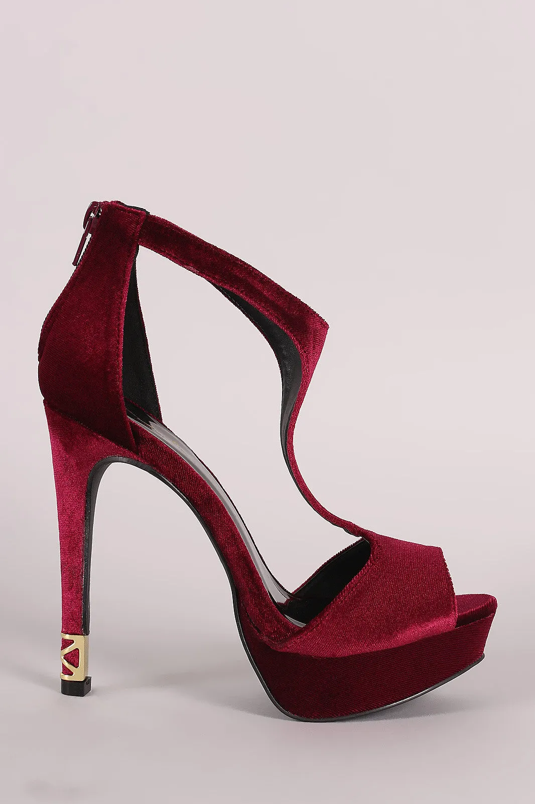 Qupid Velvet T-Strap Peep Toe Platform Caged Accent Heel