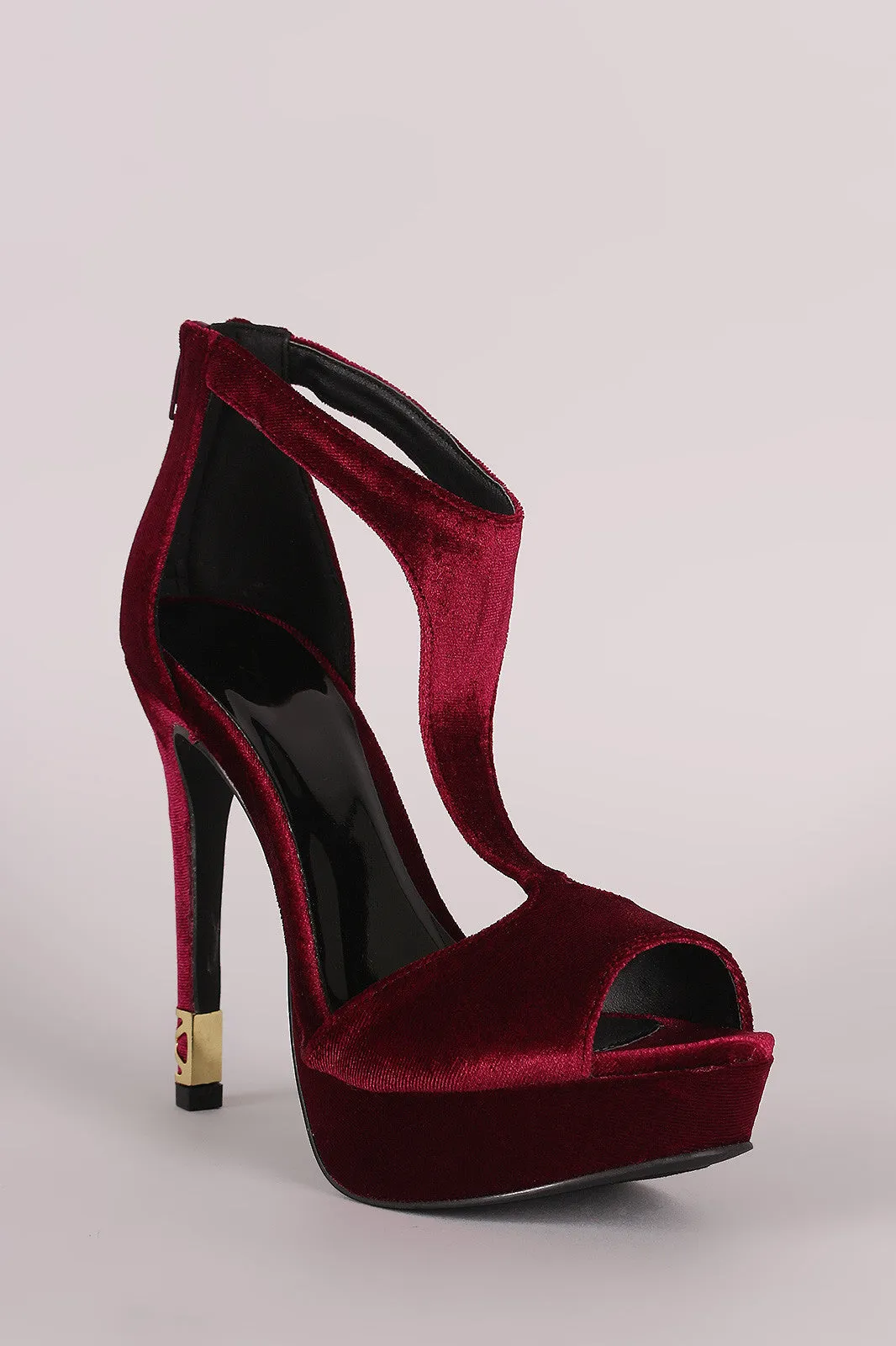 Qupid Velvet T-Strap Peep Toe Platform Caged Accent Heel