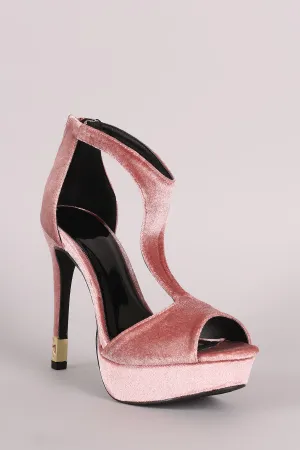 Qupid Velvet T-Strap Peep Toe Platform Caged Accent Heel