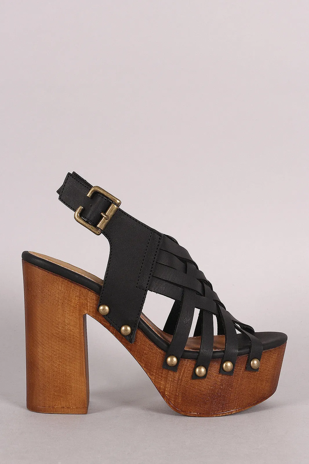 Qupid Woven Strappy Chunky Wooden Platform Heel