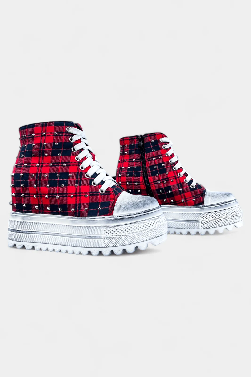 Red Plaid Platform Wedge Sneakers