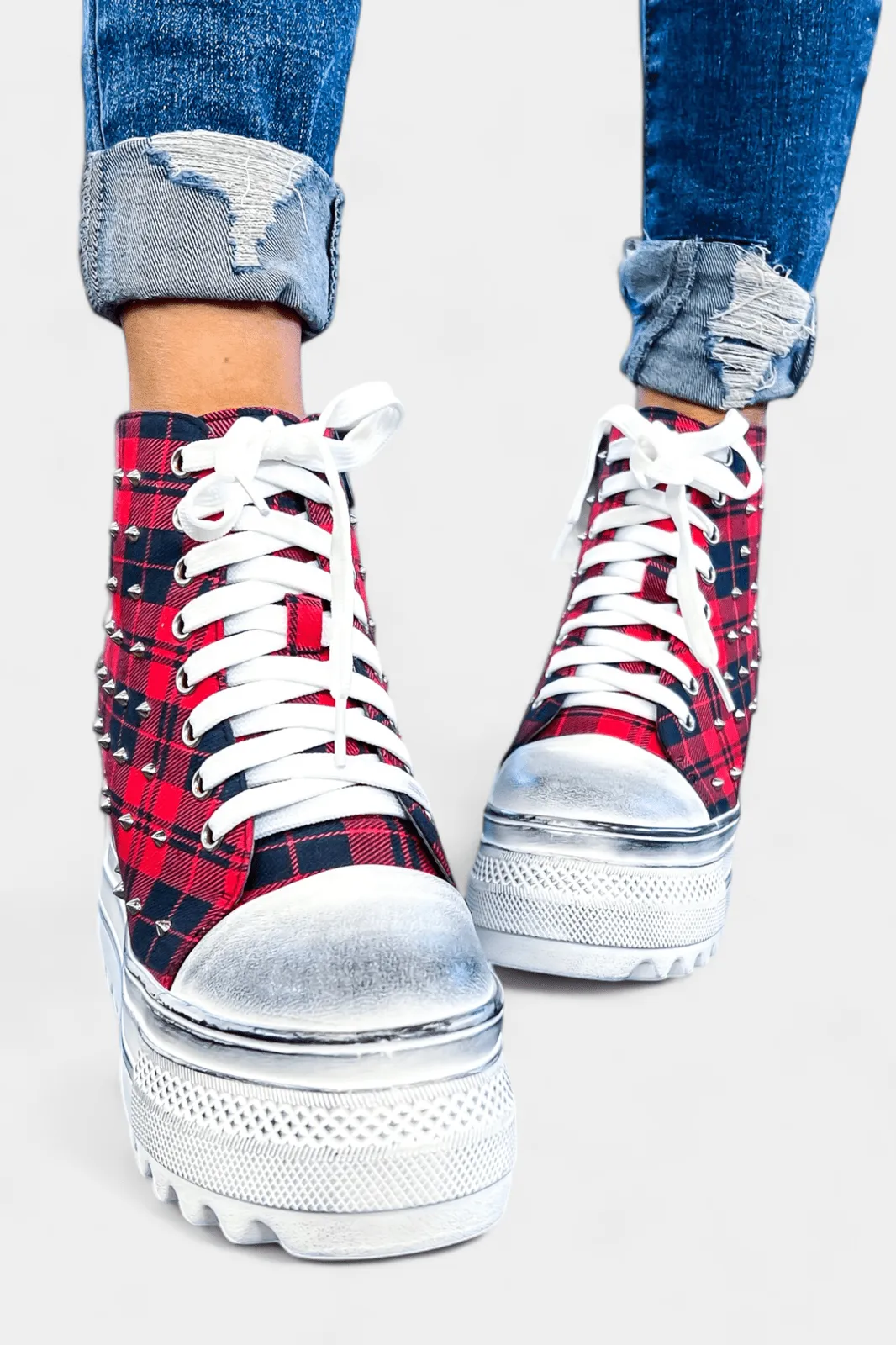 Red Plaid Platform Wedge Sneakers