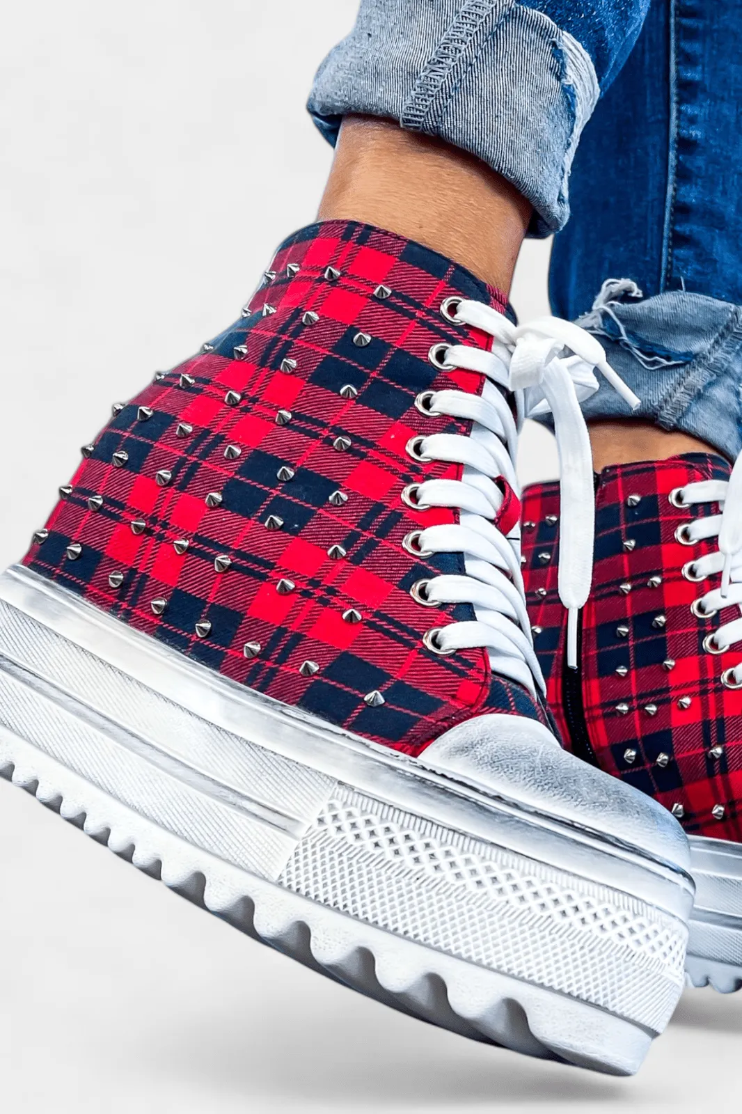 Red Plaid Platform Wedge Sneakers