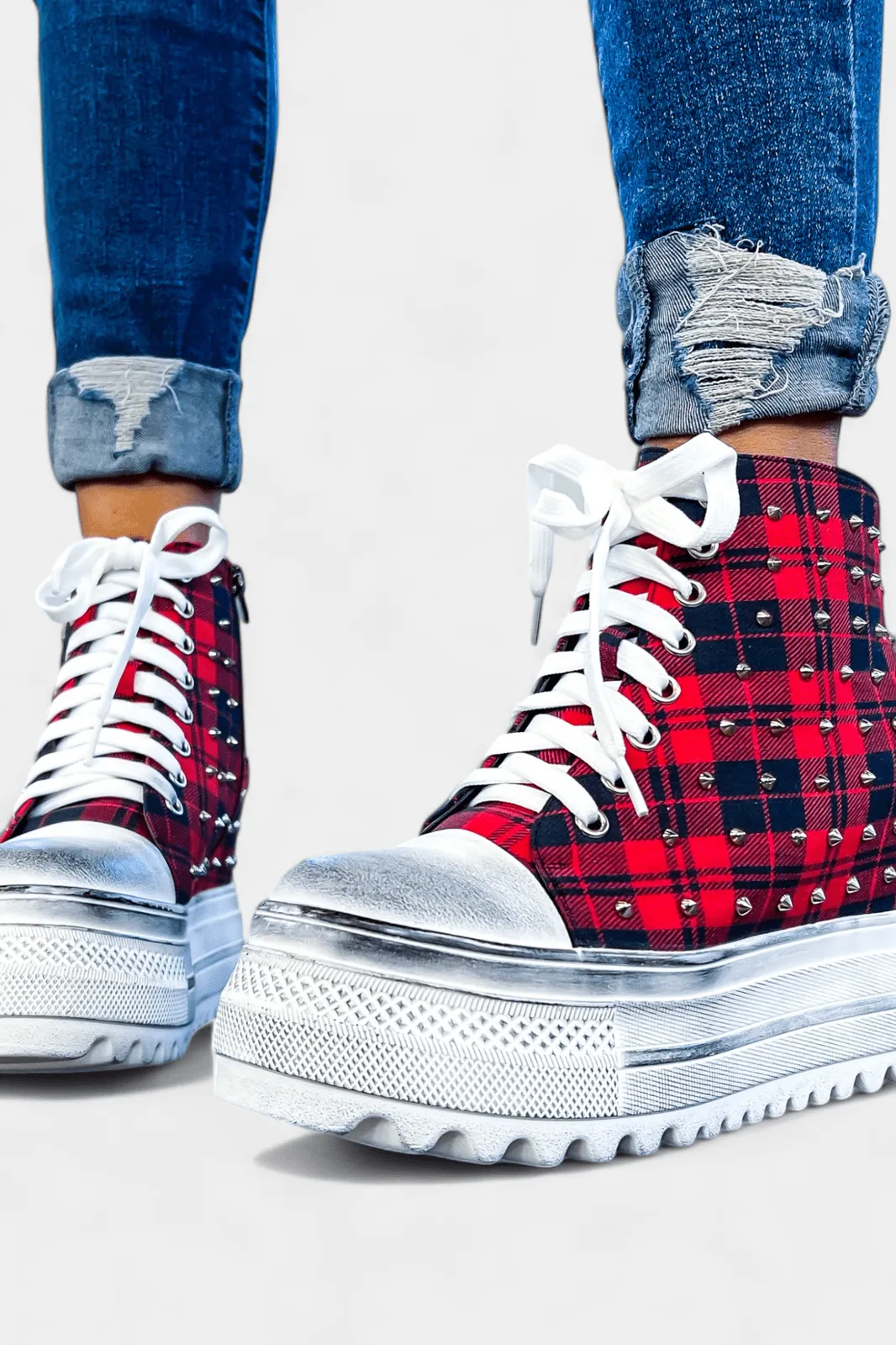 Red Plaid Platform Wedge Sneakers