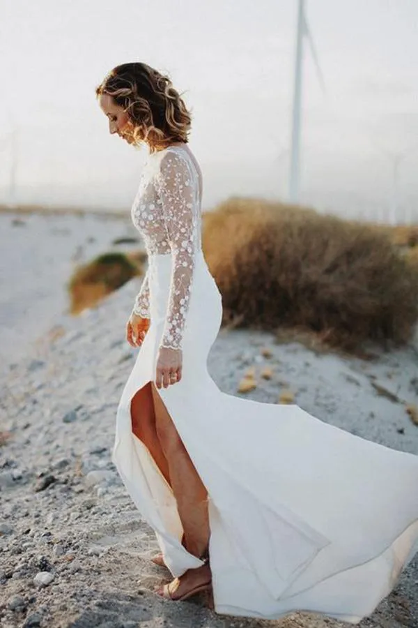 Scoop Neck Open Back Lace Long Sleeves Wedding Dresses with Split  WD473