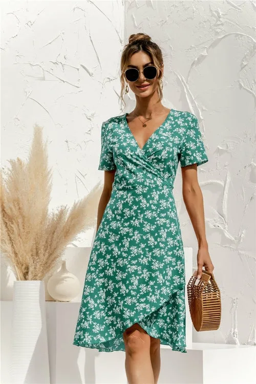 Sexy V Neck Floral Print Boho Beach Dress