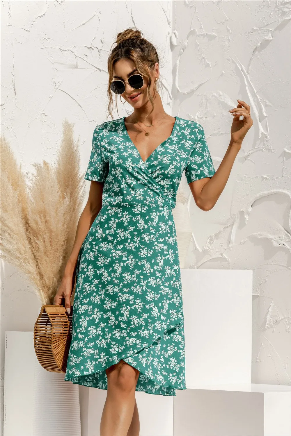 Sexy V Neck Floral Print Boho Beach Dress