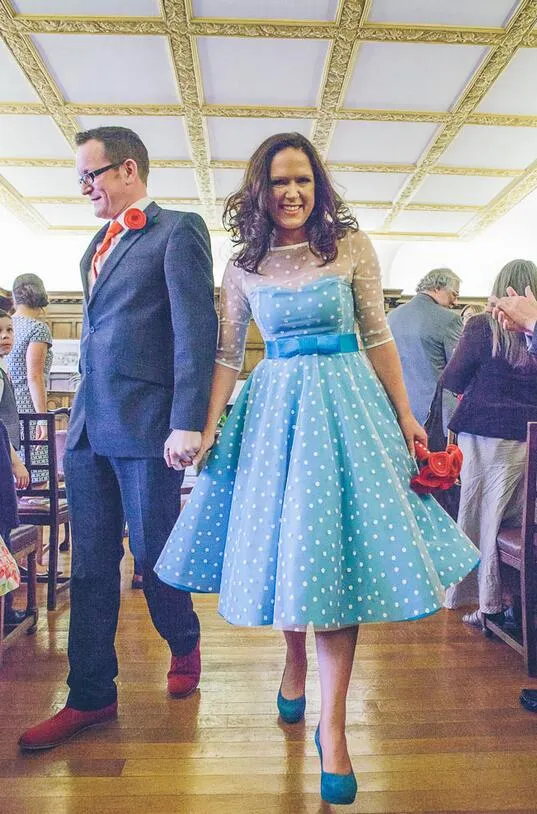 Short Blue Polka Dot Wedding Dress with 3/4 Sleeves