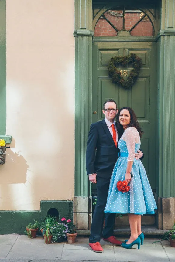 Short Blue Polka Dot Wedding Dress with 3/4 Sleeves