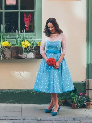 Short Blue Polka Dot Wedding Dress with 3/4 Sleeves