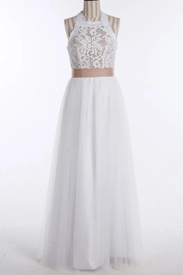 Simple Jewel Sleeveless Floor-Length Lace Top Wedding Dress WD098