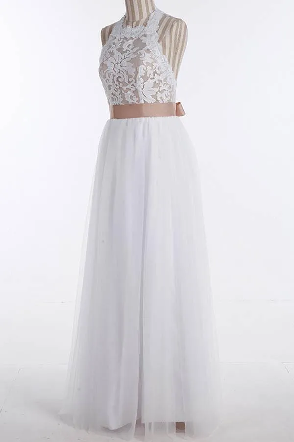 Simple Jewel Sleeveless Floor-Length Lace Top Wedding Dress WD098