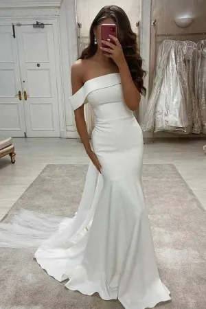 Simple Mermaid Off The Shoulder Ivory Satin Wedding Dress  WD605