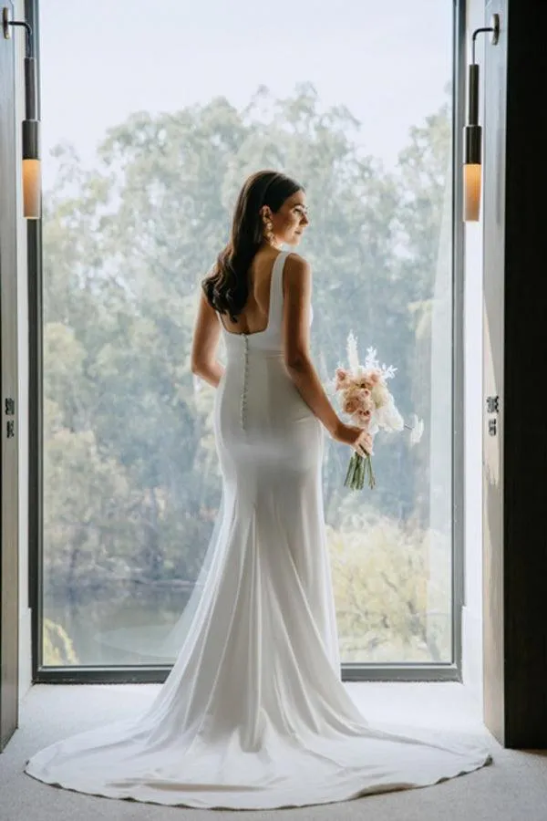 Simple Sheath Square Neck Long Backless Wedding Dress WD599