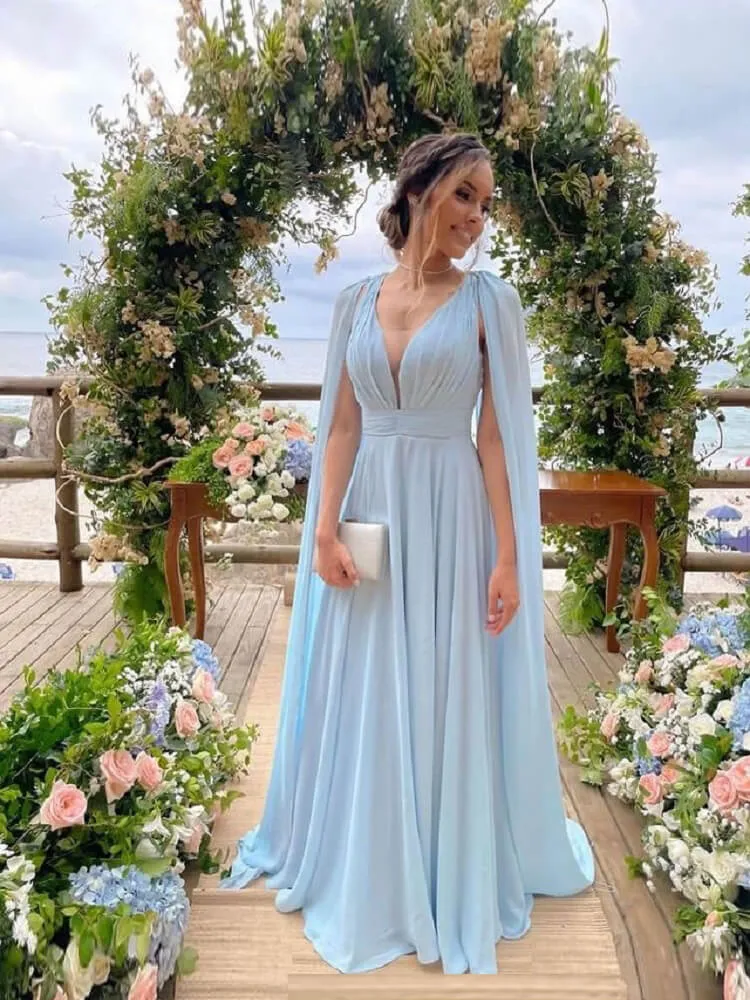 Sky Blue Chiffon A Line Bridesmaid Dresses With Streamer,Long Plunging Neck Backless Party Dress Maid Of Honor