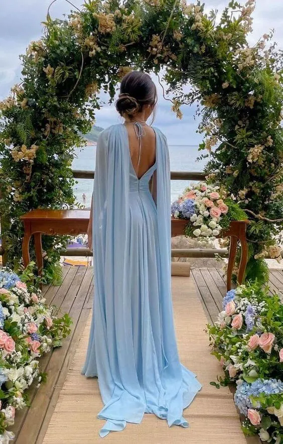 Sky Blue Chiffon A Line Bridesmaid Dresses With Streamer,Long Plunging Neck Backless Party Dress Maid Of Honor