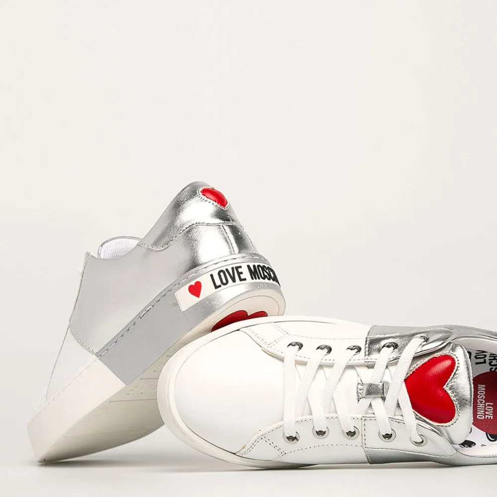 Sneakers Donna Love Moschino in Pelle Bicolor Bianco e Silver