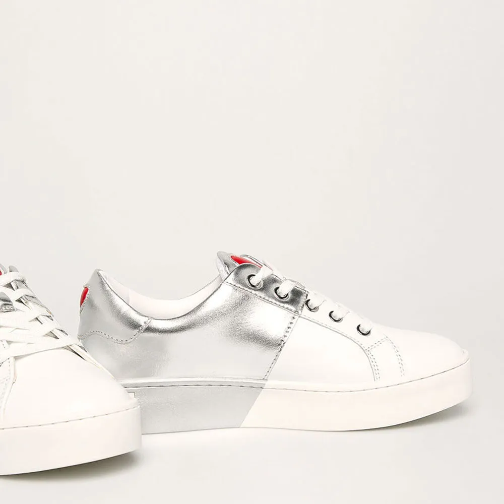 Sneakers Donna Love Moschino in Pelle Bicolor Bianco e Silver