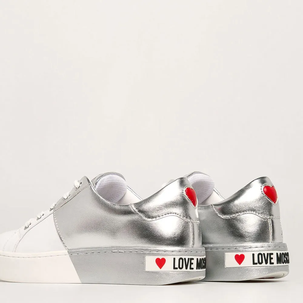 Sneakers Donna Love Moschino in Pelle Bicolor Bianco e Silver