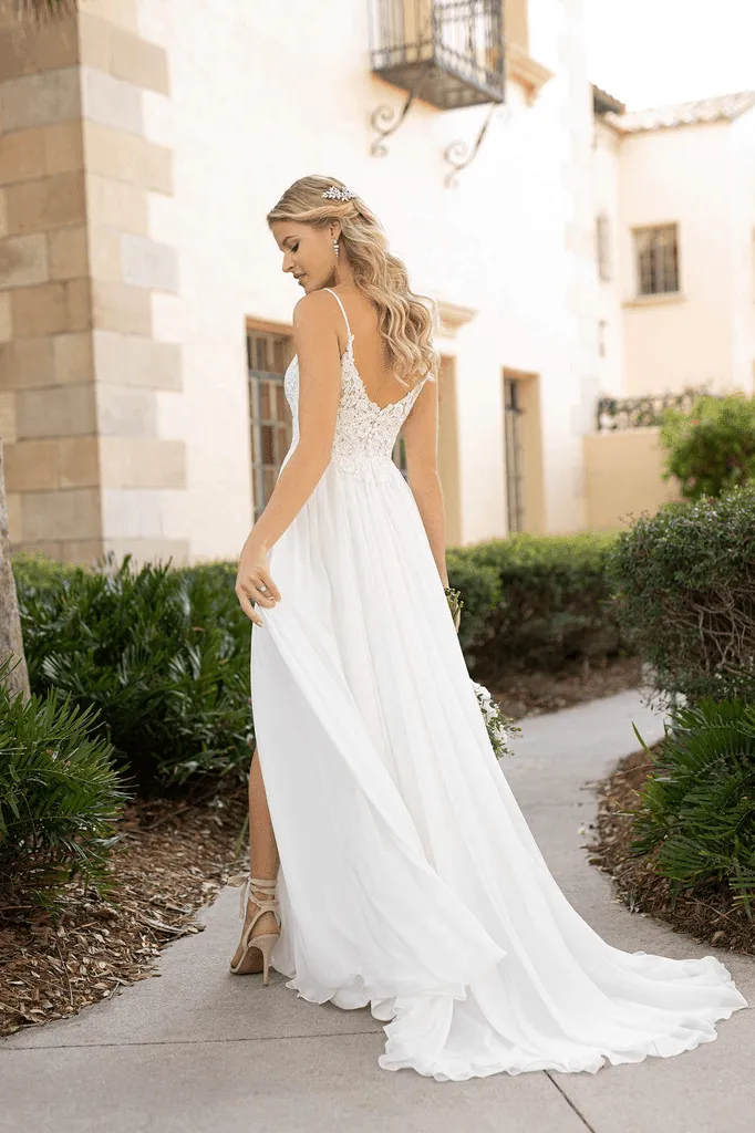 Spaghetti Straps Lace Split Chiffon Long Beach Wedding Dresses WD576