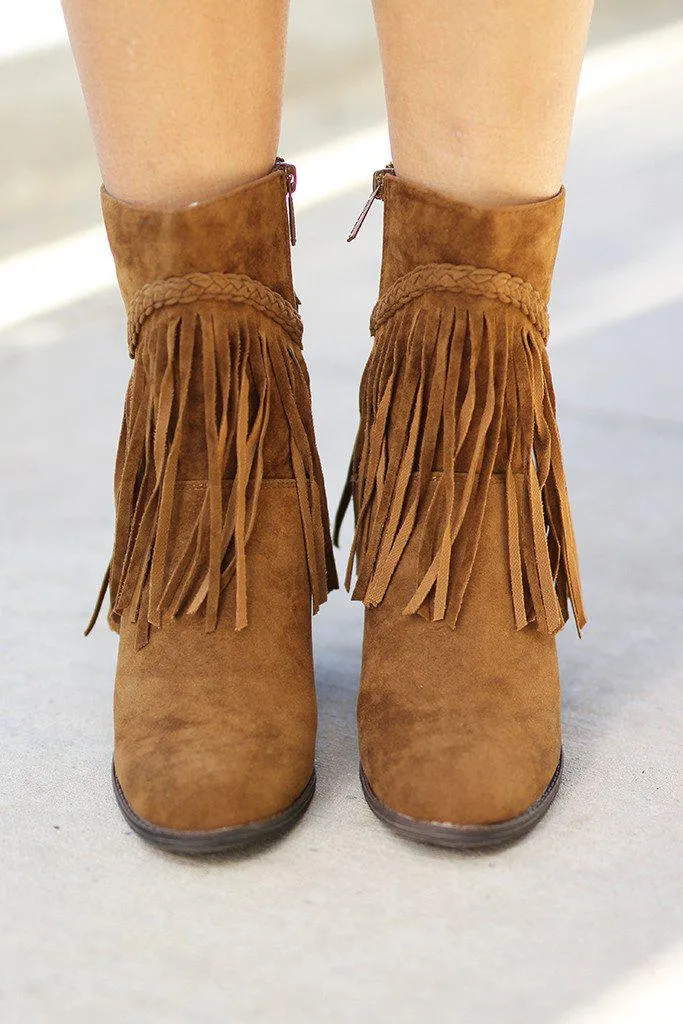 Tan Braided Fringe Booties