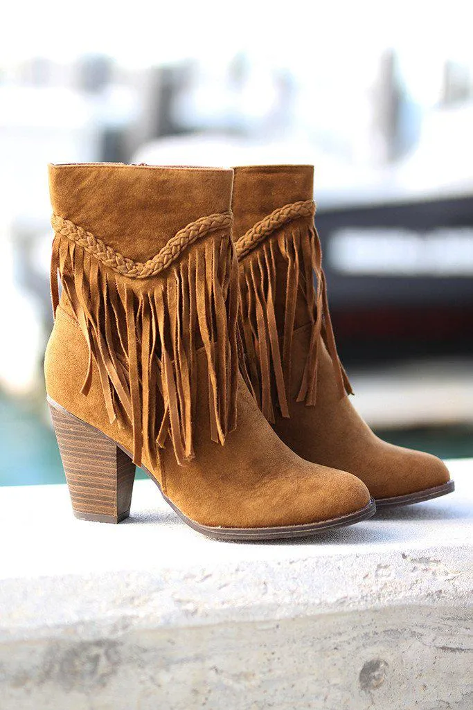 Tan Braided Fringe Booties