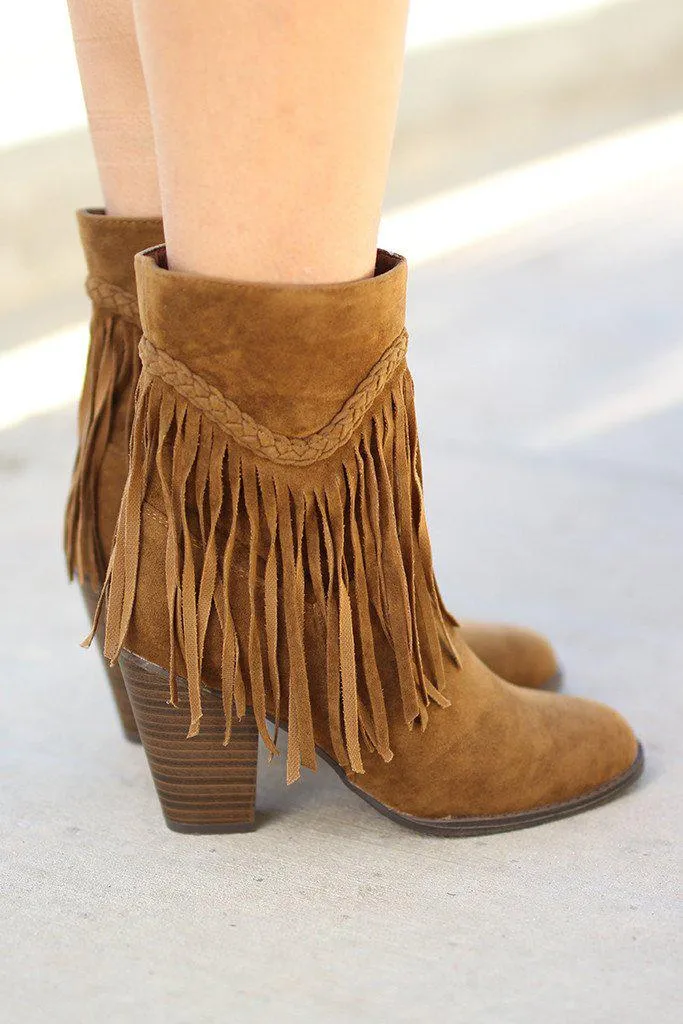 Tan Braided Fringe Booties