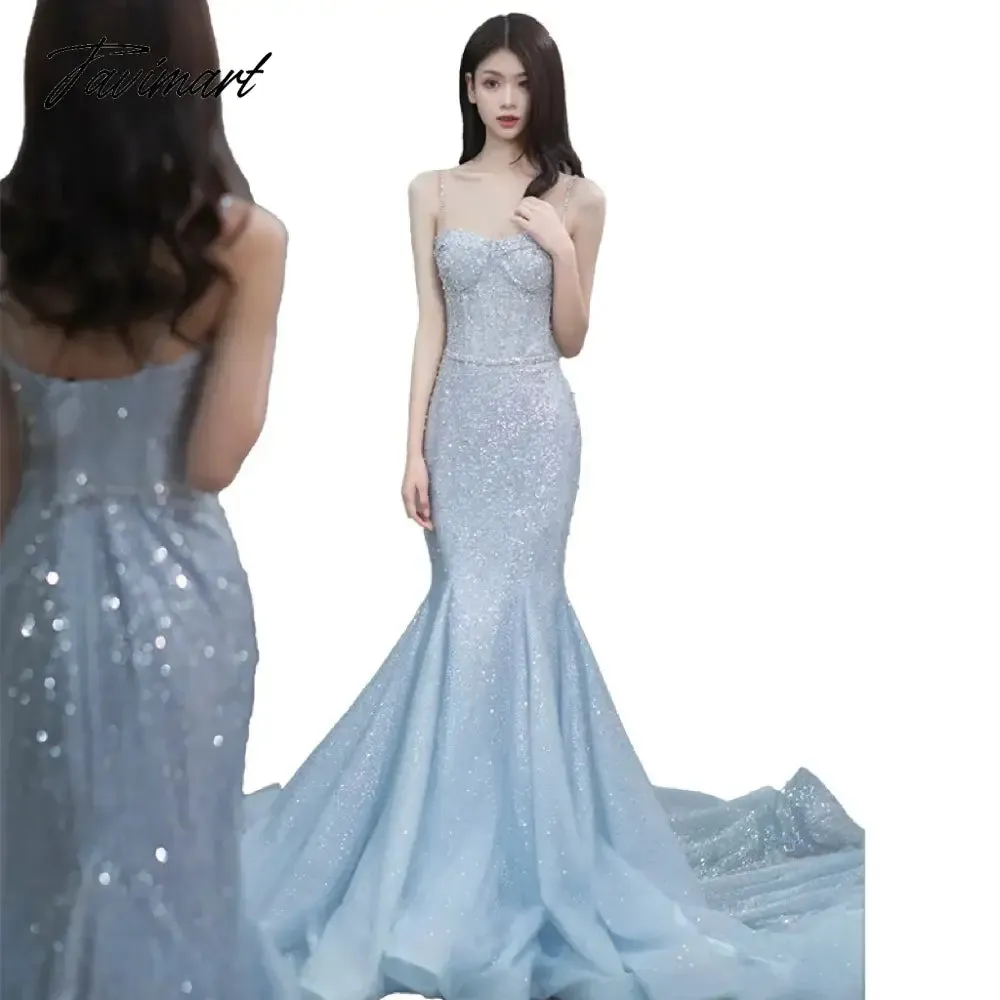 TAVIMART -  Sky Blue Celebrity Dress Spaghetti Strap Woman Sequins Mermaid Chapel Train Beading Wedding Beach Party Evening Gowns For Bride