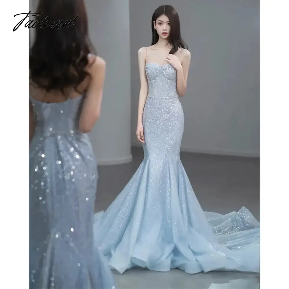 TAVIMART -  Sky Blue Celebrity Dress Spaghetti Strap Woman Sequins Mermaid Chapel Train Beading Wedding Beach Party Evening Gowns For Bride