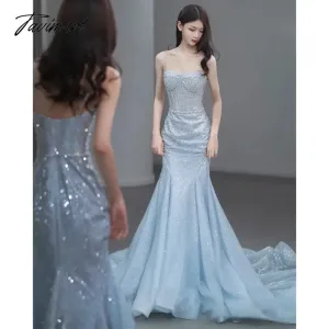 TAVIMART -  Sky Blue Celebrity Dress Spaghetti Strap Woman Sequins Mermaid Chapel Train Beading Wedding Beach Party Evening Gowns For Bride