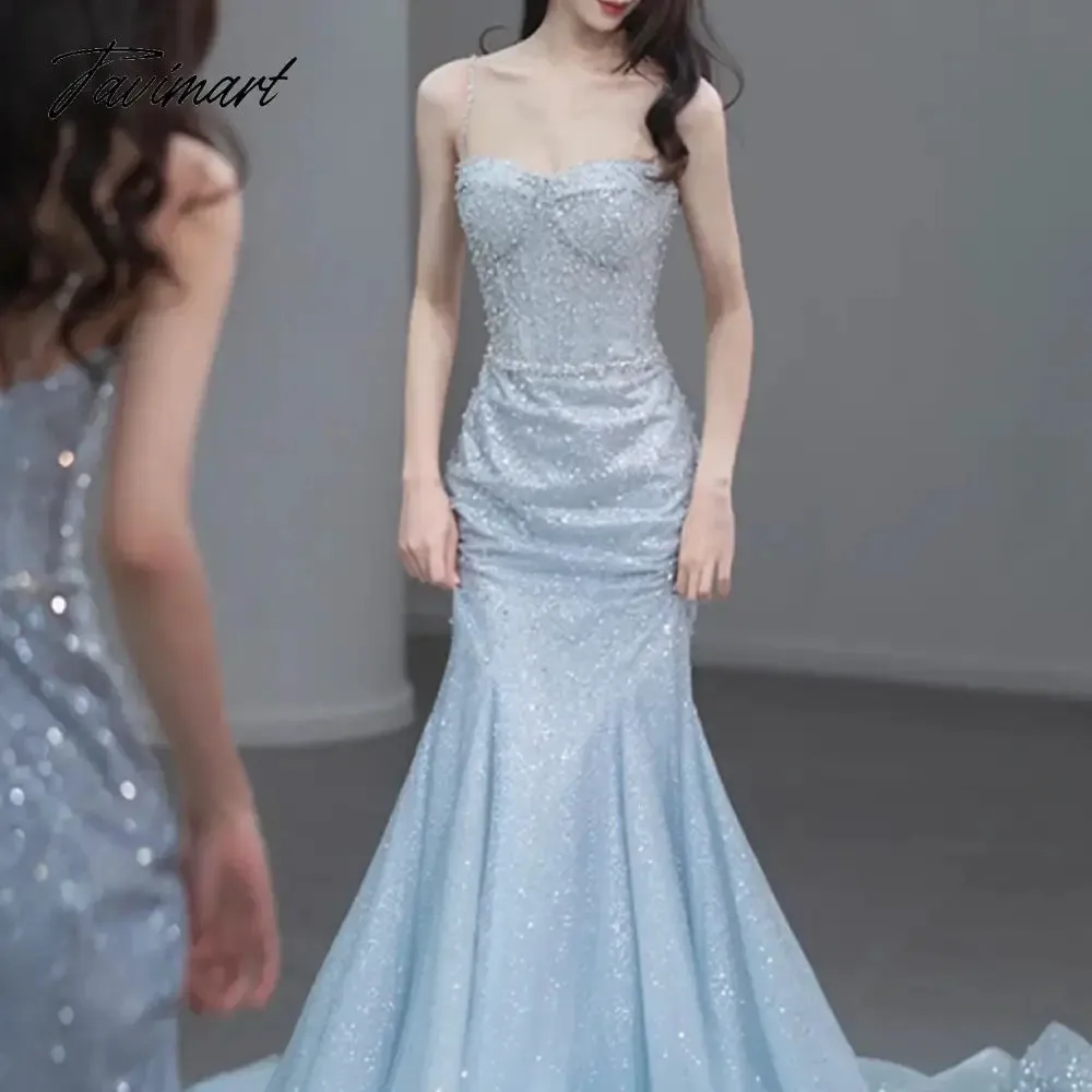 TAVIMART -  Sky Blue Celebrity Dress Spaghetti Strap Woman Sequins Mermaid Chapel Train Beading Wedding Beach Party Evening Gowns For Bride