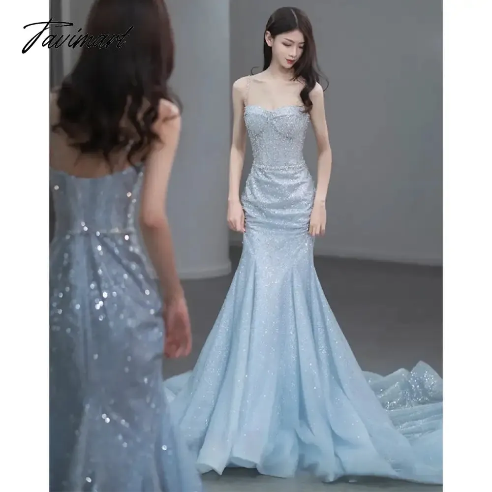 TAVIMART -  Sky Blue Celebrity Dress Spaghetti Strap Woman Sequins Mermaid Chapel Train Beading Wedding Beach Party Evening Gowns For Bride