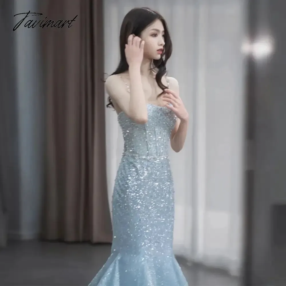 TAVIMART -  Sky Blue Celebrity Dress Spaghetti Strap Woman Sequins Mermaid Chapel Train Beading Wedding Beach Party Evening Gowns For Bride