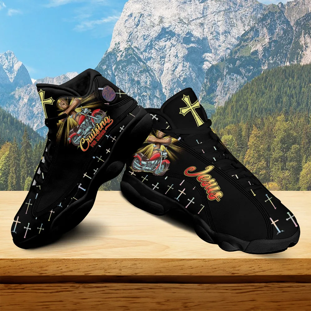 Teesdily | Cruising Jesus Blessed Biker Basketball Shoes, Motorcycle Cross Christian Running Shoes, Religious Footwear Biker Gift