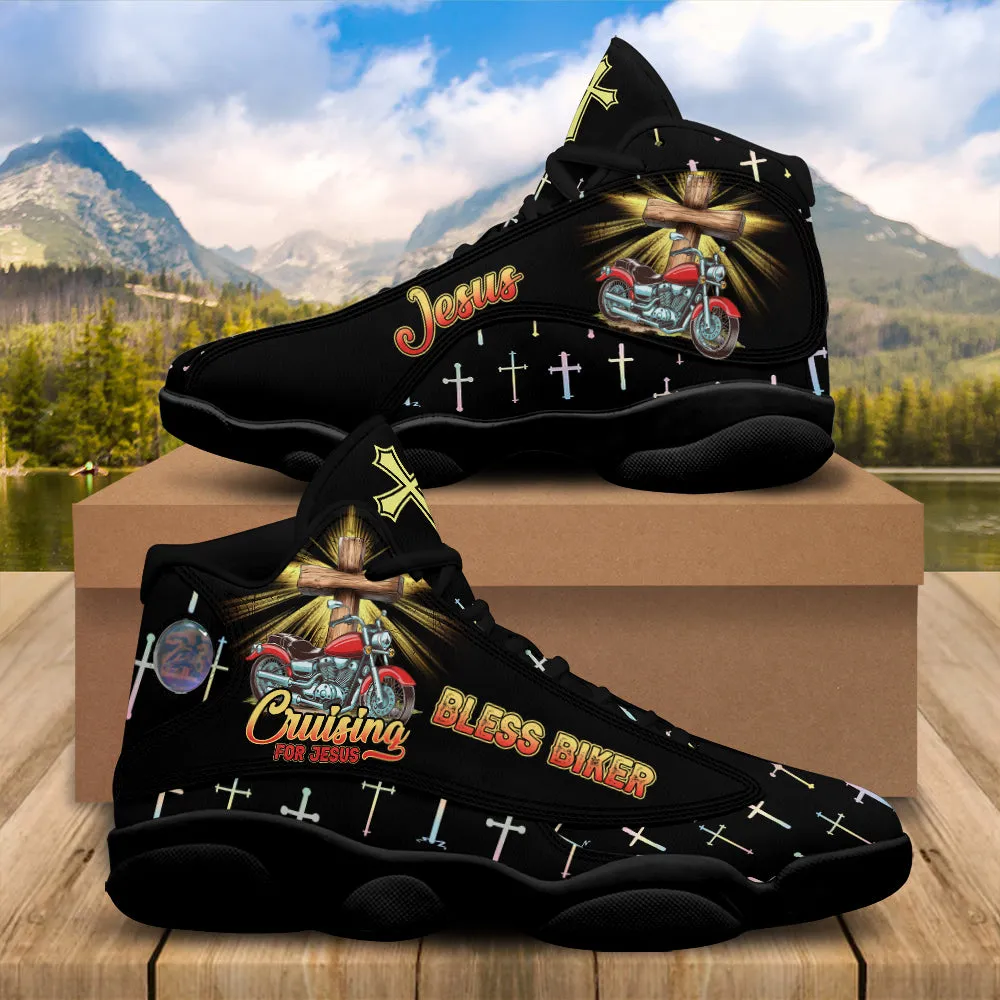 Teesdily | Cruising Jesus Blessed Biker Basketball Shoes, Motorcycle Cross Christian Running Shoes, Religious Footwear Biker Gift