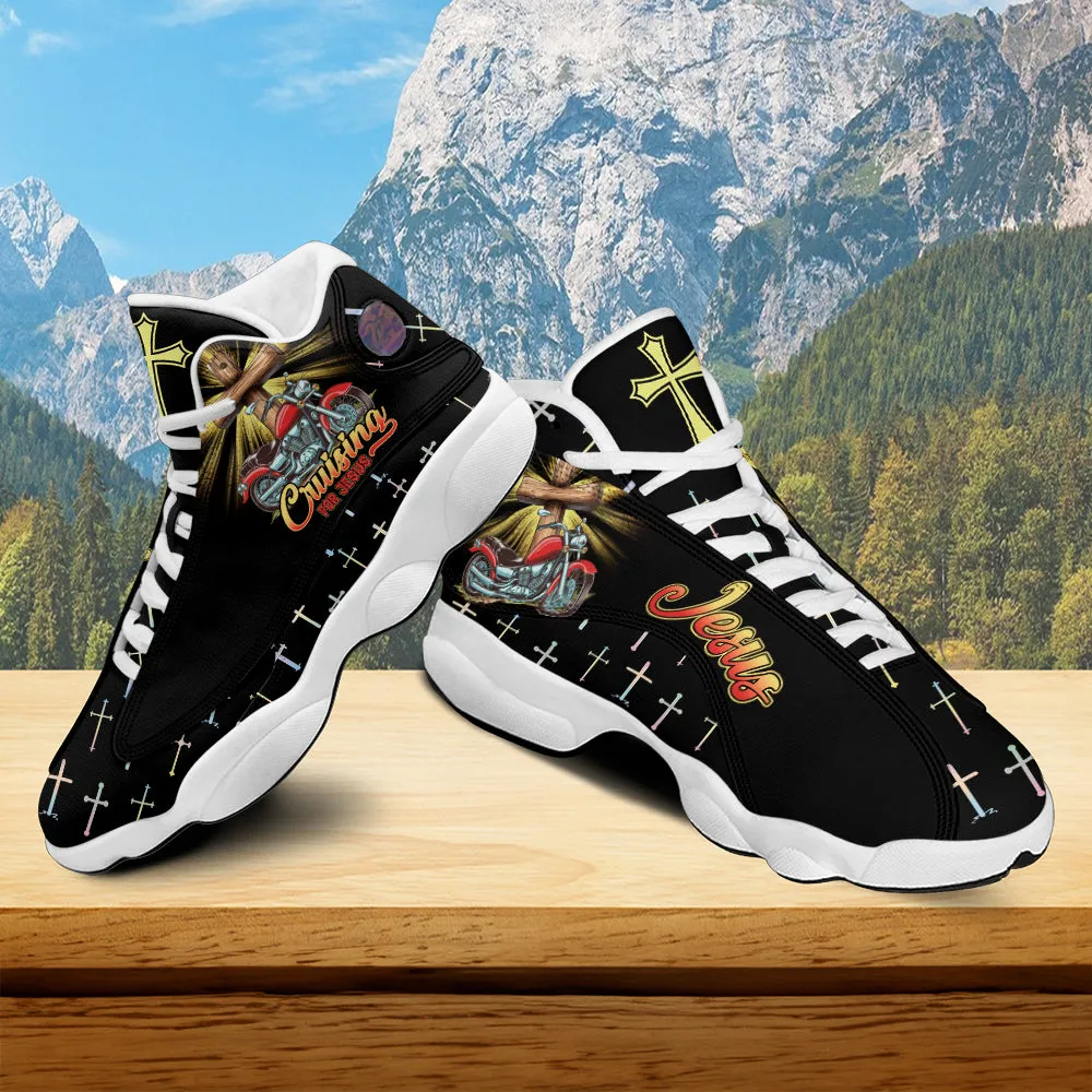 Teesdily | Cruising Jesus Blessed Biker Basketball Shoes, Motorcycle Cross Christian Running Shoes, Religious Footwear Biker Gift