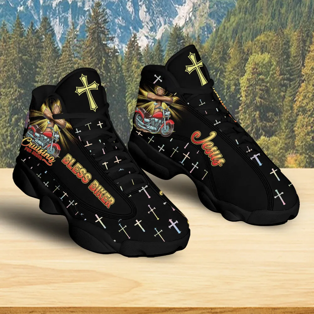 Teesdily | Cruising Jesus Blessed Biker Basketball Shoes, Motorcycle Cross Christian Running Shoes, Religious Footwear Biker Gift