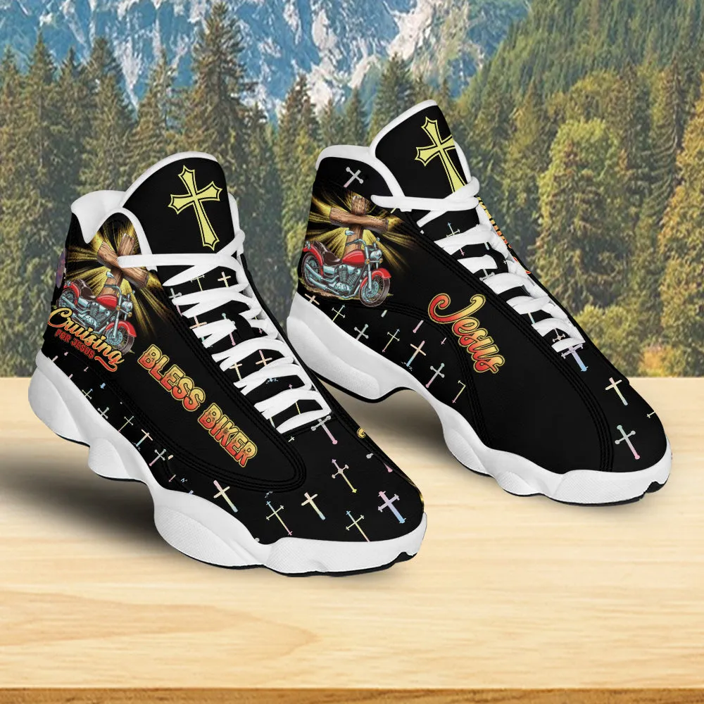 Teesdily | Cruising Jesus Blessed Biker Basketball Shoes, Motorcycle Cross Christian Running Shoes, Religious Footwear Biker Gift