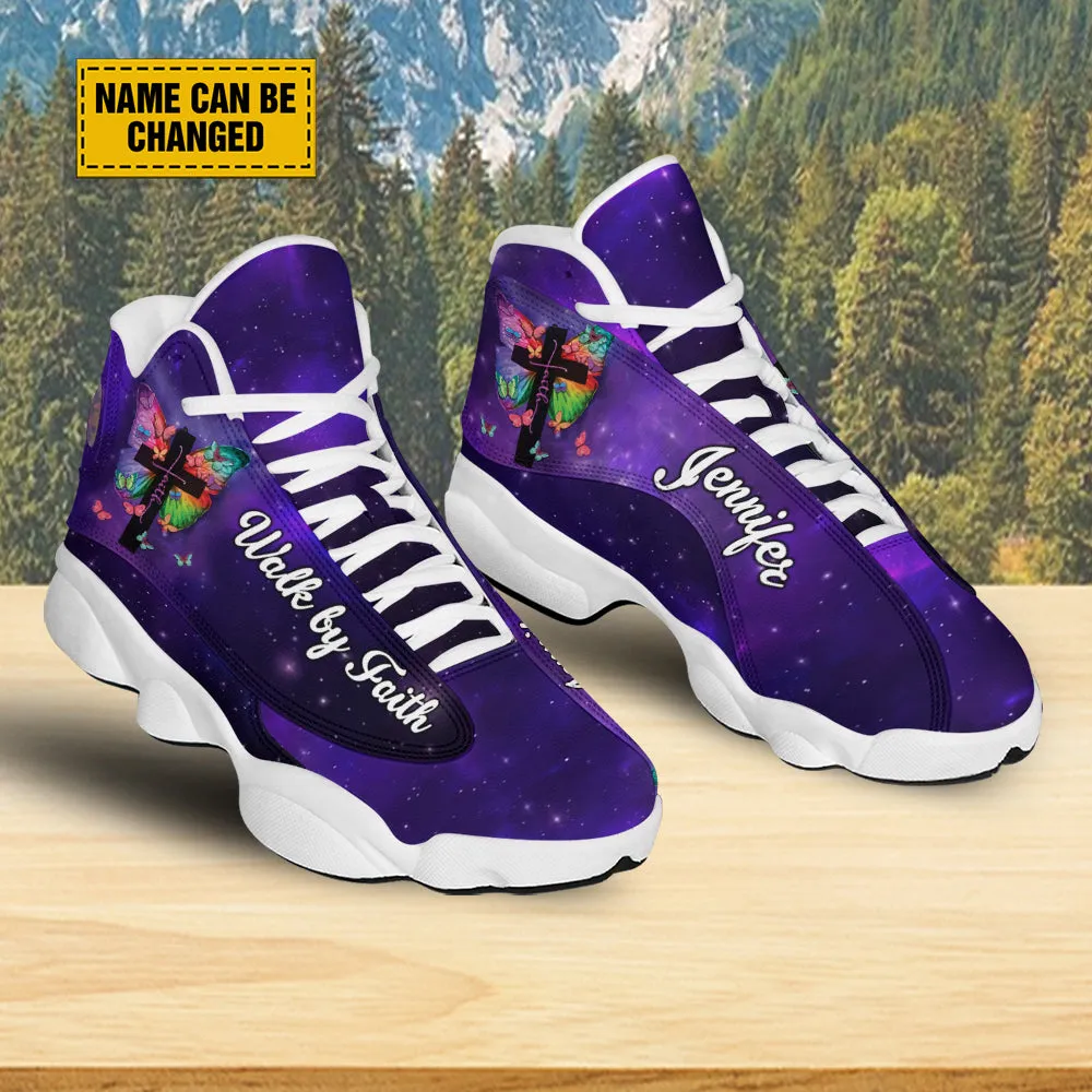 Teesdily | Customized Butterfly Jesus Cross Basketball Shoes, Walk By Faith Running Shoes, Christian Unisex Shoes With Thick Sole