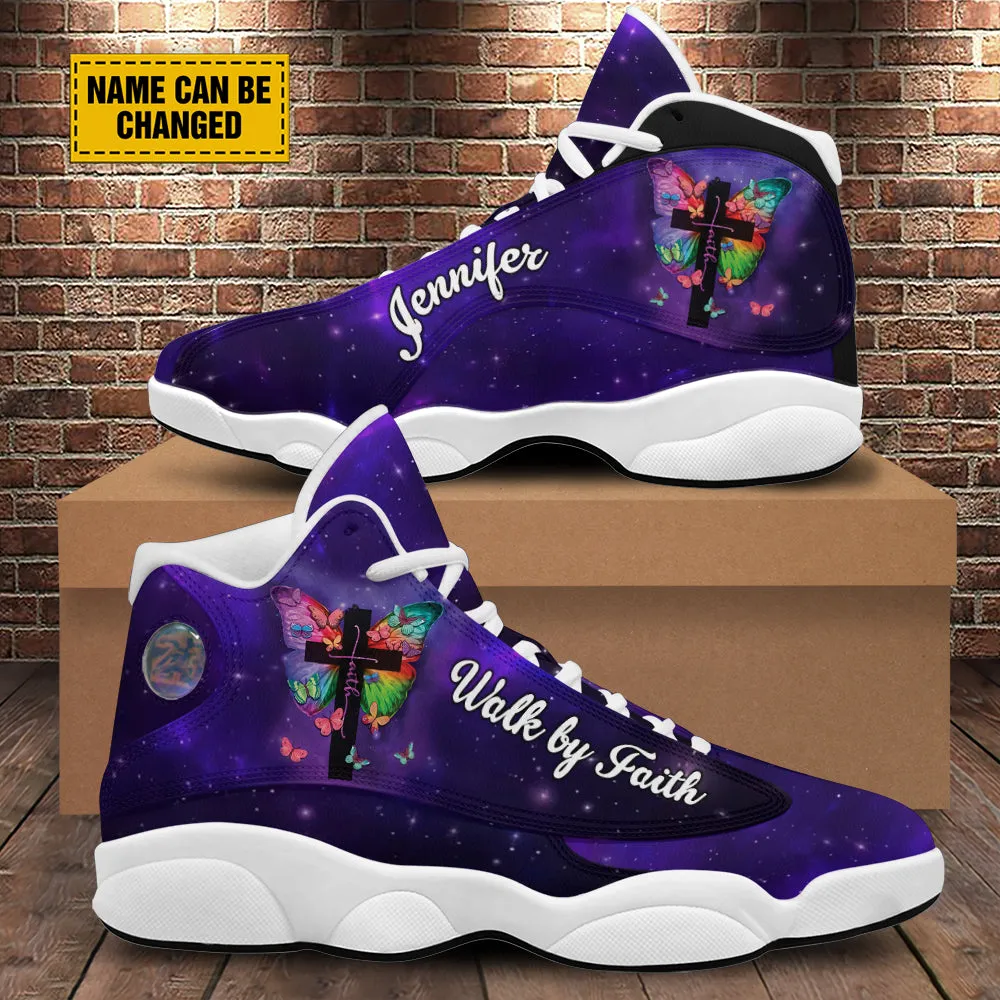 Teesdily | Customized Butterfly Jesus Cross Basketball Shoes, Walk By Faith Running Shoes, Christian Unisex Shoes With Thick Sole